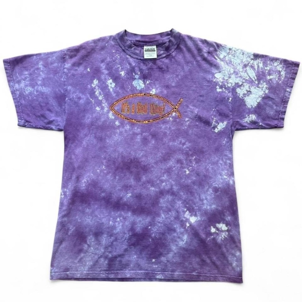 Vintage 90s Tie-dyed Purple Jesus Fish Religious God T-shirt L 22x30 Tultex